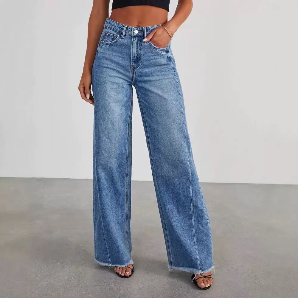 Women's Clothing Fashion Retro Raw Edge Women New High Waist Straight Leg Side Seam Stitching Frayed Denim_ecoleips.com