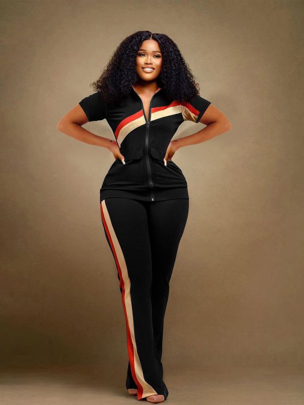 Women's Clothing Casual Fashion Contrast Color Stitching Zipper Pocket Long Sleeved Pants Sportswear_ecoleips.com