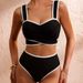 Women's High-Waisted Pleated Bikini Set Black And White Striped Two Piece Swimsuit with Bow Tie at the Back_ecoleips.com