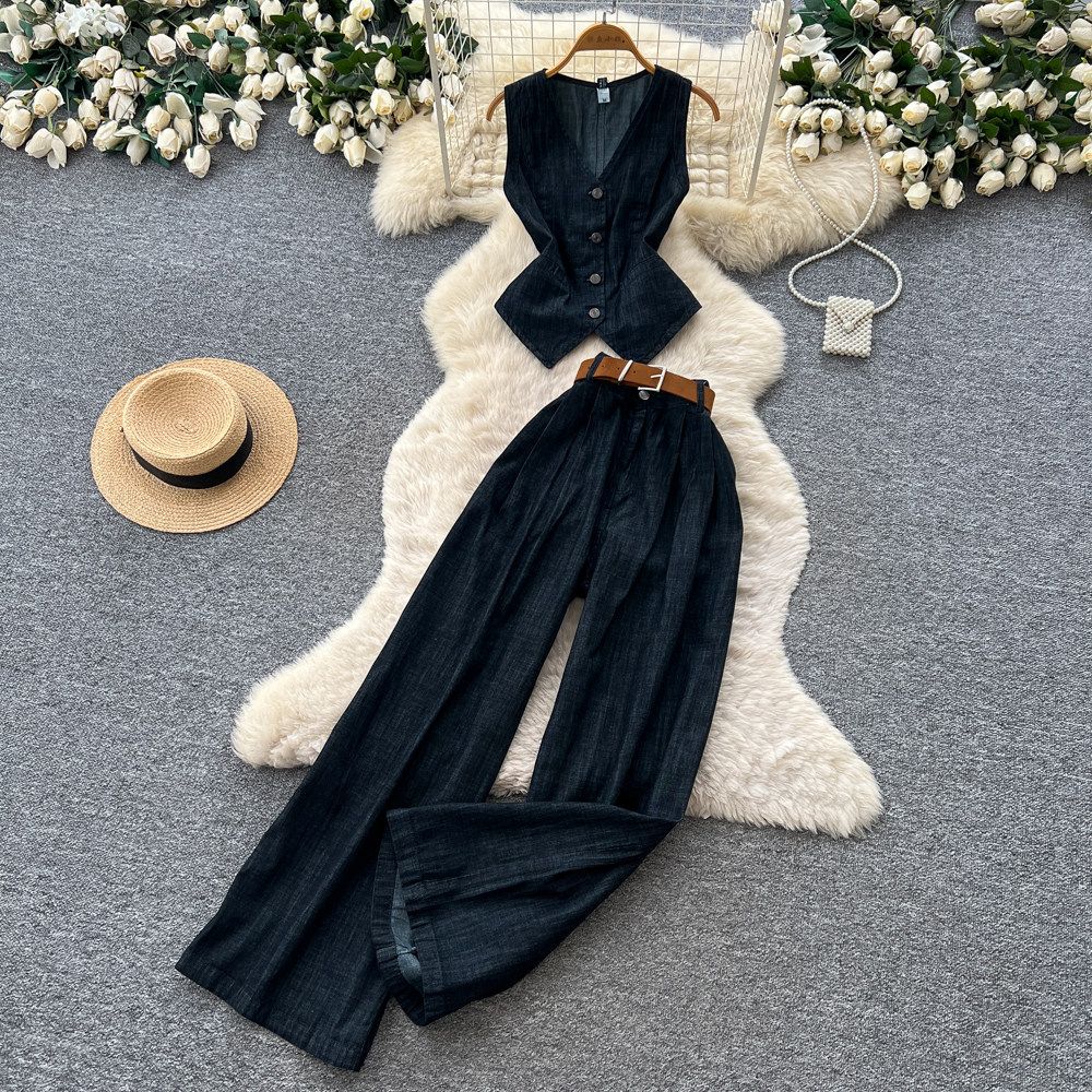 Retro European American Denim Two Piece Set Sleeveless Vest High Waisted Pants Slimming Fit Women's Clothing_ecoleips.com