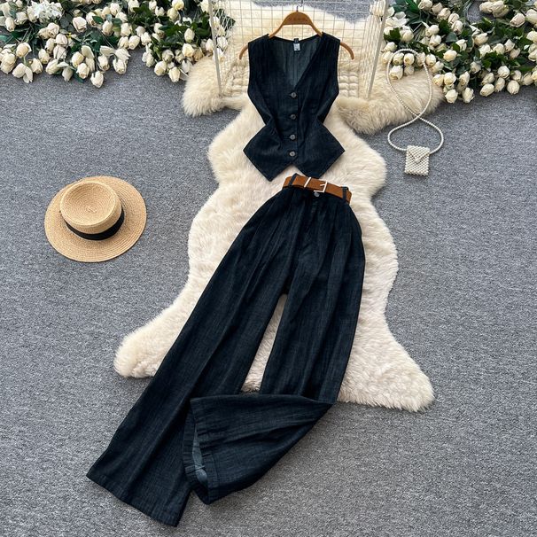 Retro European American Denim Two Piece Set Sleeveless Vest High Waisted Pants Slimming Fit Women's Clothing_ecoleips.com