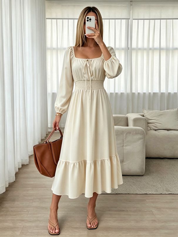 New Square Neck Long-sleeved Dress Women's Bubble Sleeve Lace-up Waist Thin Ruffle Edge Long Dress_ecoleips.com
