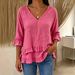 Women's V Neck Short Sleeve Shirt Spring/Summer Cotton Linen Loose Fit Solid Color American Style Top_ecoleips.com