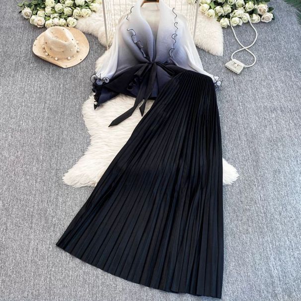 Women's Clothing Fashion Set High Grade Gradient Color Fungus Waist Top Two Piece Set High Waist Pleated Skirt_ecoleips.com