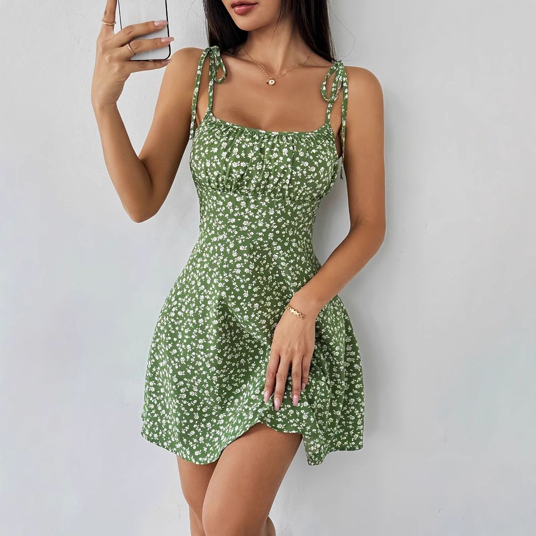 Women's Clothing Floral Print Dress Backless Lace Up Sleeveless Suspender Dress_ecoleips.com