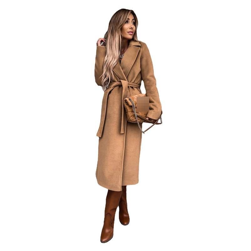 Women's Long Wool Coat – Oversized Trench Coat With Belt, Classic Lapel Collar, Solid Color (White/Beige/Black/Khaki/Burgundy/Sky Blue)_ecoleips.com