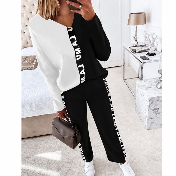 Women's yarn-dyed ribbon splicing long sleeve T-shirt pencil pants casual suit_ecoleips.com