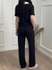 Women's Color Blocked Polo Neck Two-Piece Set Casual Simple Elastic Waist Loose Pants With Short Sleeve T-Shirt_ecoleips.com