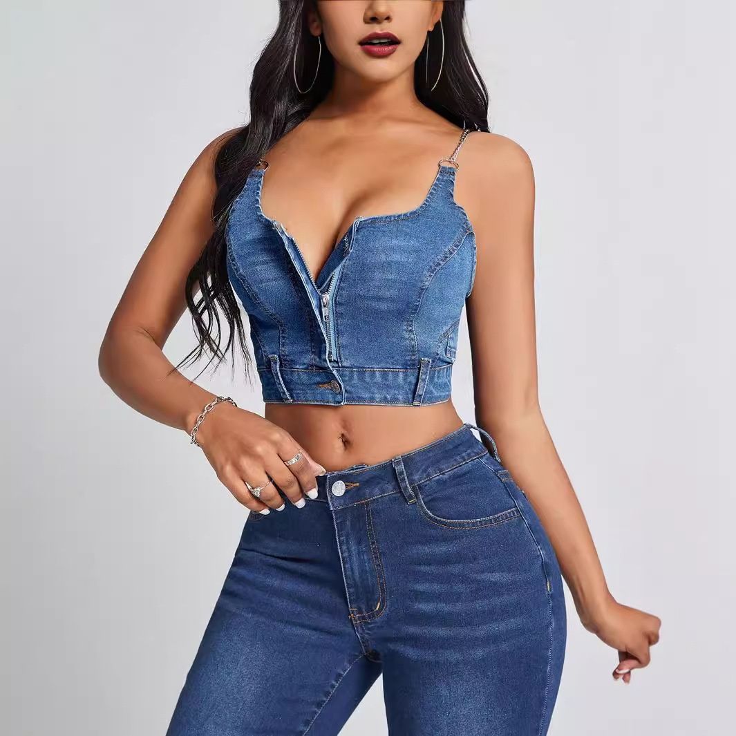 In Stock-15321 # Cross-border European And American Foreign Trade Women's Clothing INS Deep V Backless Denim_ecoleips.com