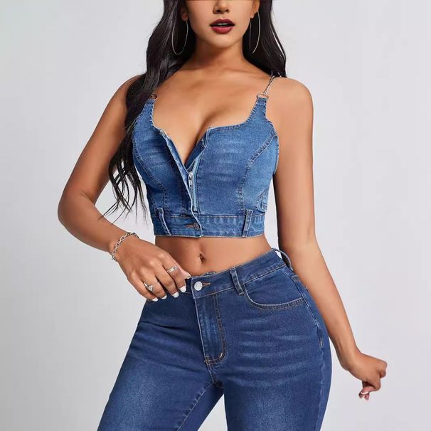 In Stock-15321 # Cross-border European And American Foreign Trade Women's Clothing INS Deep V Backless Denim_ecoleips.com