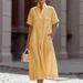 2026 Summer Short-Sleeved, Pocket-Placed Casual, Loose-Fitting, Solid Color Cotton-Linen Dress For Women_ecoleips.com