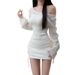 Sweet And Spicy Irregular Ruched Hollow Long Sleeve Knitted Sweater Set For Women, Halter Neck Bodycon Skirt, Slim Fit_ecoleips.com