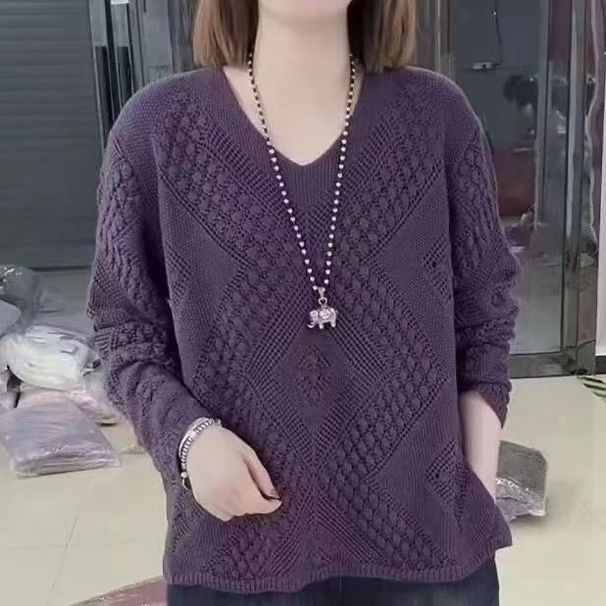 Lace-Knit Oversized V-Neck Sweater Women's Casual Pullover Korean Style Solid Color Loose Fit Spring Autumn Fashion Top_ecoleips.com