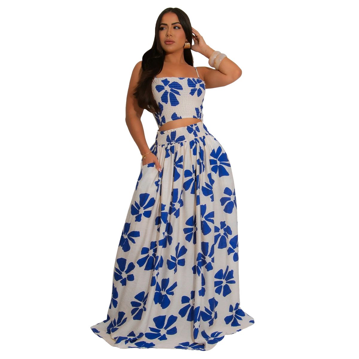 Women's Summer Bohemian Style Suspender Dress Set With Flared Skirt_ecoleips.com