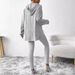 Women's Clothing Solid Color Fashion Ribbed Loose Hooded Long Sleeved Top Threaded Trousers Suit_ecoleips.com