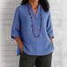 Women's Clothing V Neck Three Quarter Sleeve Cotton And Linen Loose Casual Shirt_ecoleips.com
