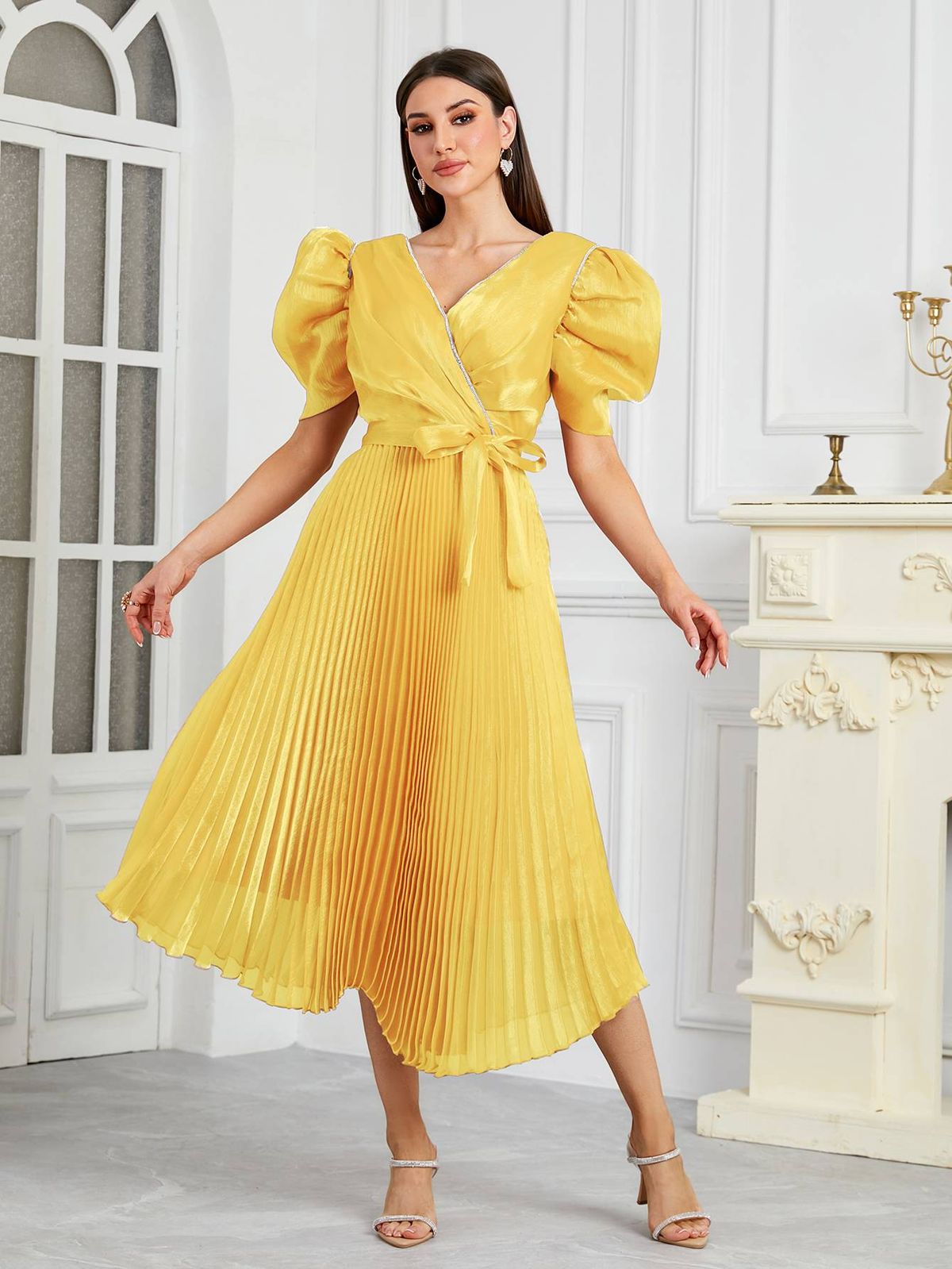 Women's Summer New Crepe V Neck Waist Pleated European And American Dress_ecoleips.com
