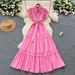 French Elegant Retro Hollow Lace Patchwork Waist Small Flying Sleeve Dress Female Slim Temperament Long Skirt_ecoleips.com