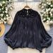 French-Inspired Embroidered Mesh Blouse – Glamorous Puff Sleeve Top With Crystal Embellishments (Oversized Fit)_ecoleips.com