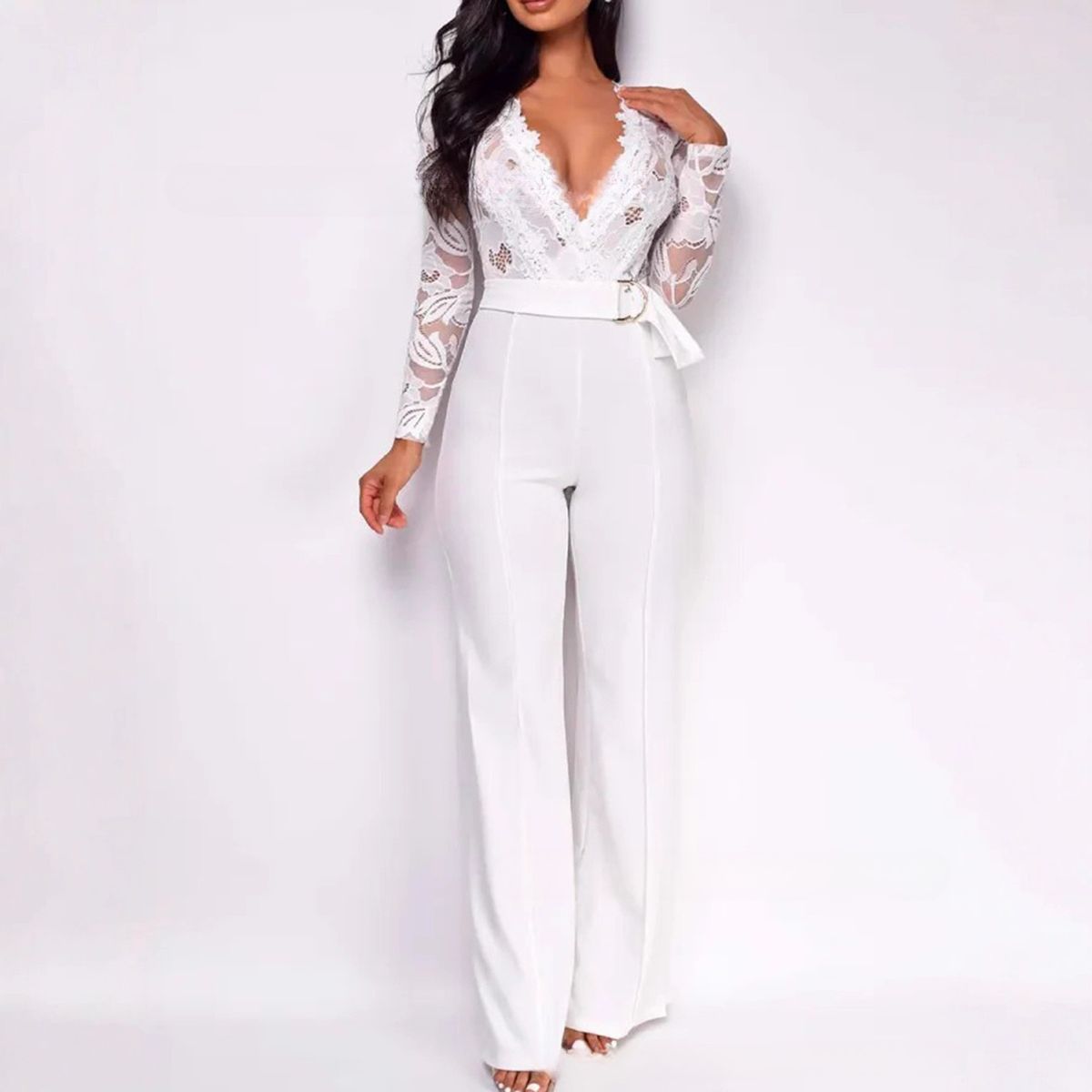 Women's Stylish Jumpsuit With V-Neck & Lace Detail - Elegant One-Piece Romper For Casual & Evening Wear_ecoleips.com