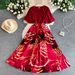 Elegant French Style Women's Dress V Neck Short Sleeve Summer Retro Waist Cinching Slimming Full Skirt Printed Long_ecoleips.com