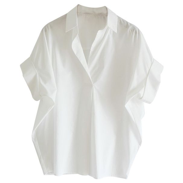 Vintage Hong Kong Style Short Sleeve Shirt For Women – Loose Batwing Sleeve Blouse In White, Casual & Versatile Summer Top_ecoleips.com