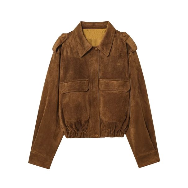 TRAFZA Women's Vintage Suede Bomber Jacket - Retro Faux Leather Coat With Lapel Collar & Pockets, Streetwear Fashion For Fall_ecoleips.com