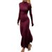 Women's Burgundy Elegant Round Neck Pleated Slim Fit Long Sleeve Bodycon Dress_ecoleips.com