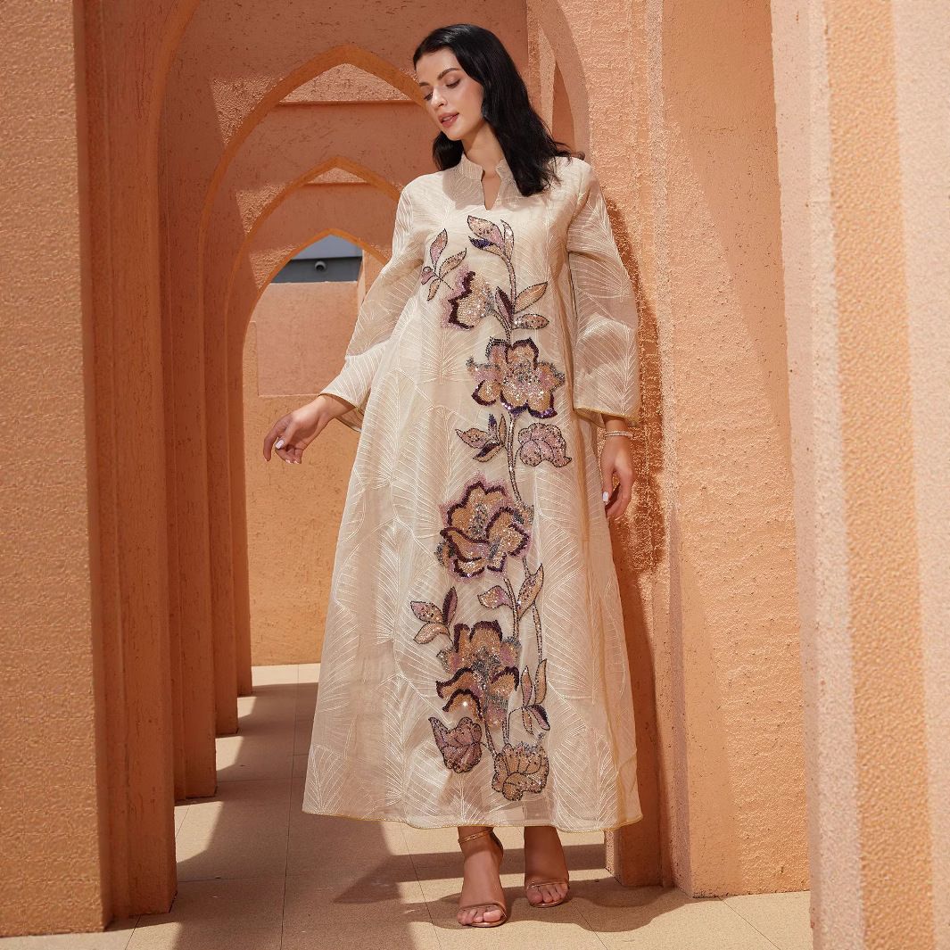 Muslim Dress Women Exquisite Mesh Embroidered Muslim Abaya – Elegant Patchwork Robe With Modest & Ethnic Charm_ecoleips.com