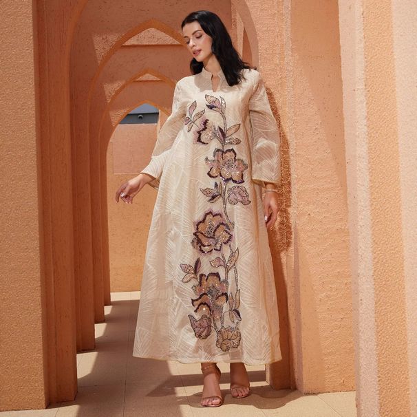 Muslim Dress Women Exquisite Mesh Embroidered Muslim Abaya – Elegant Patchwork Robe With Modest & Ethnic Charm_ecoleips.com