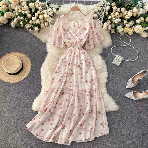Women's Seaside Resort Dress V Neck Slim Waist Long Gown For Spring Autumn 2023 Fashionable Cross Border Style_ecoleips.com