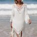 Women's Clothing Holiday Hand Hook Collar Solid Color Splicing Long Sleeves Long Tassels Perspective Loose Sunscreen Sexy Blouse_ecoleips.com