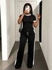 Women's Casual Sporty Two-Piece Set Short Sleeve Top Comfortable Pants Black White-1_ecoleips.com