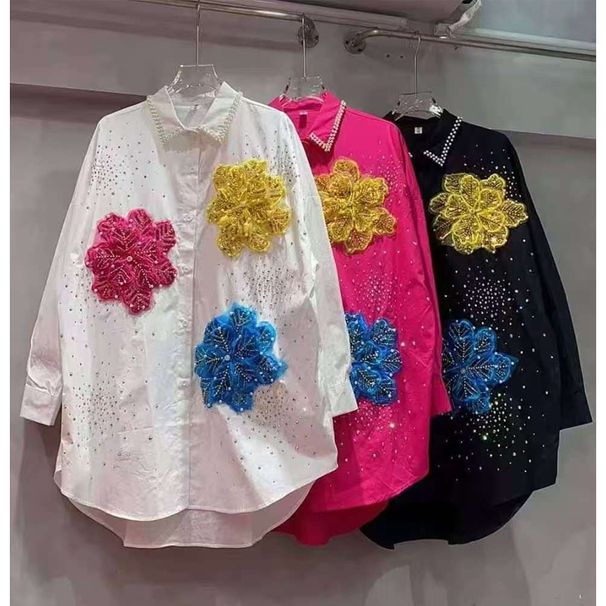 Women's European Style Long Shirt Spring New Fashion Casual Loose Fit Beaded Rhinestone Inlay Three Dimensional Flowers_ecoleips.com