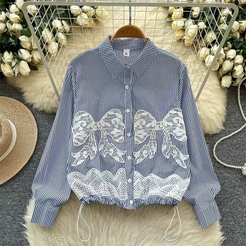 Women's Clothing Fashion Western Style Bow Lace Embroidery Striped Shirt Female Design Drawstring Waist Shirt Trendy_ecoleips.com