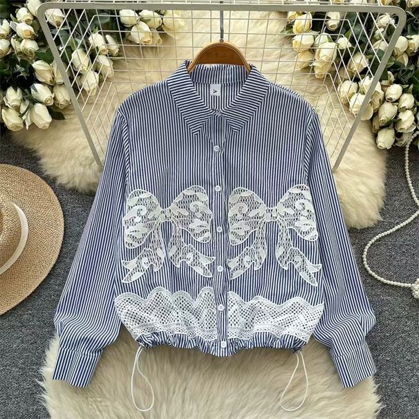 Women's Clothing Fashion Western Style Bow Lace Embroidery Striped Shirt Female Design Drawstring Waist Shirt Trendy_ecoleips.com