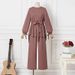 H730 Muslim Women's Solid Color Drawstring Tie Two-Piece Set Round Neck Top Wide-Leg Pants Elegant Ladies Suit_ecoleips.com