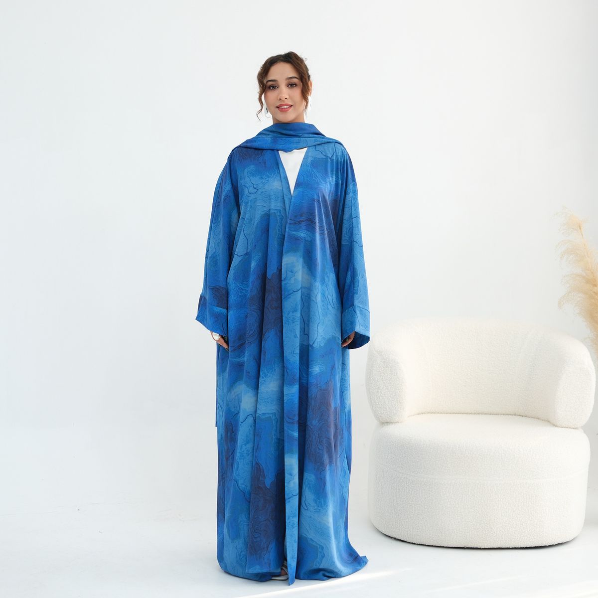 Modest Abaya Dress Elegant Marble Print Scarf & Cardigan Set – Stylish Two-Piece Headscarf With Open Front Knitwear For Women_ecoleips.com