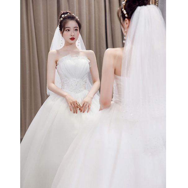 French Style Light Satin White Wedding Dress Strapless Top Waist Cinching Slimming Simple And Elegant Forest Theme Travel Photography New 2025_ecoleips.com