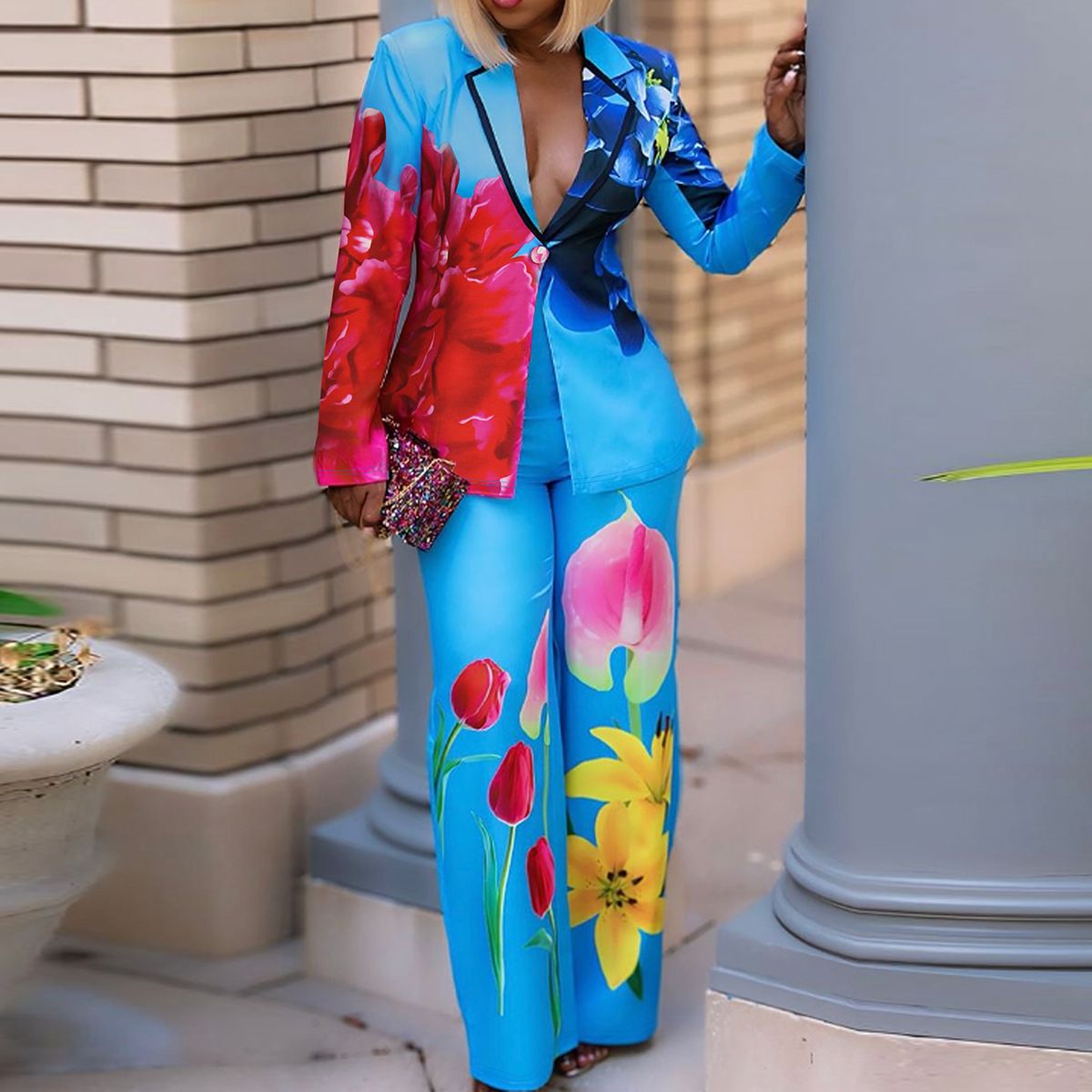 Women's Clothing Spring And Autumn Women's Clothing V Neck Single Button Placket Casual Suit Trousers Two Piece Suit_ecoleips.com