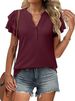 Verve 2025 New Women's V-neck Short Ruffle Sleeve T-shirt Button Shirt_ecoleips.com