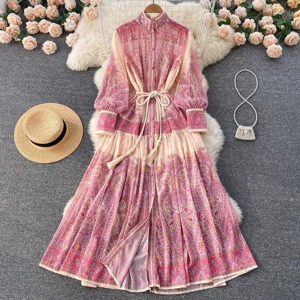 New Spring Design Niche Stand Up Collar Lantern Sleeve Printed Dress Loose Slimming Elegant Long Skirt_ecoleips.com