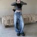American Retro Patchwork Washed Denim Jeans For Women, Autumn Vintage Frayed Wide-leg Pants, Loose Slimming Straight-leg_ecoleips.com