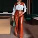 Women's Clothing Elegant Commuter Casual & Office Wear Long Sleeved Shirt With Belt And Wide Leg Leather Pants Two Piece Set_ecoleips.com