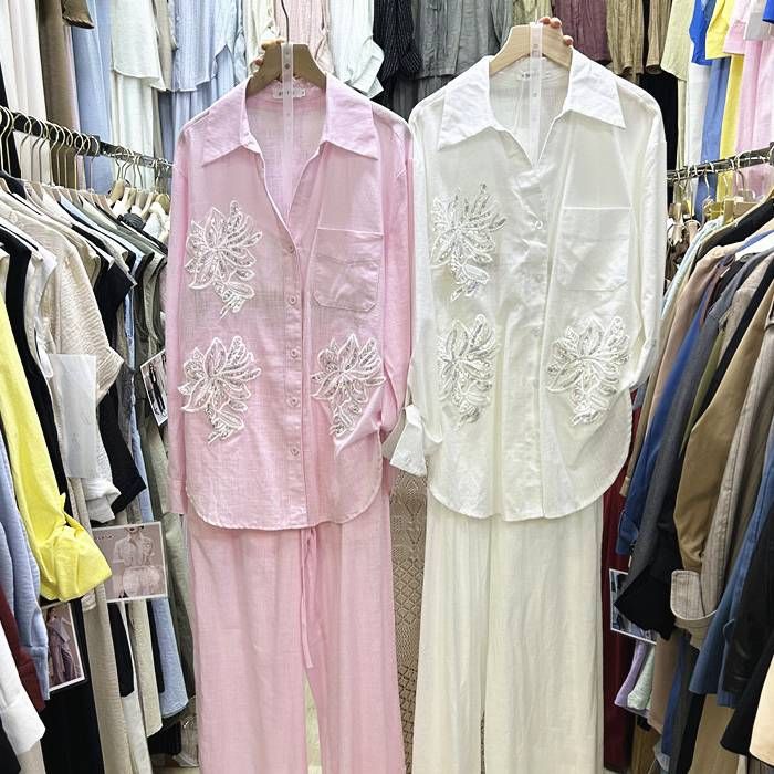 Women's Two Piece Set Sequined Embroidered Long Sleeved Shirt With Elastic Waist Trousers Loose Fitting Spring/Autumn Pant Set_ecoleips.com