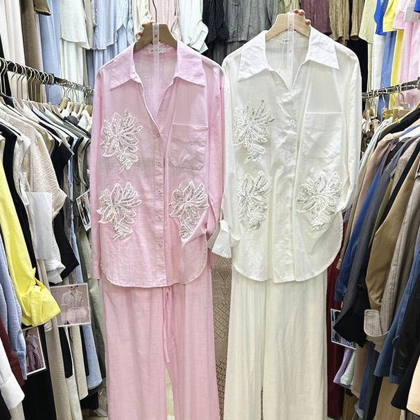 Women's Two Piece Set Sequined Embroidered Long Sleeved Shirt With Elastic Waist Trousers Loose Fitting Spring/Autumn Pant Set_ecoleips.com