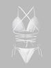 Women White 3D Floral Textured Wrap Around Bikini Top Triangle Cup Criss Cross Back Halter Strappy Tie Waist Swimsuit Top Beach Bathing Suit_ecoleips.com
