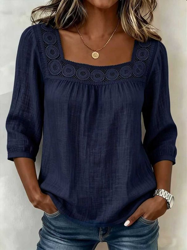 Women's Clothing Women's Casual Square Neck Top Lace Trim Three-Point Cotton Linen Short Sleeve Solid Color Summer_ecoleips.com