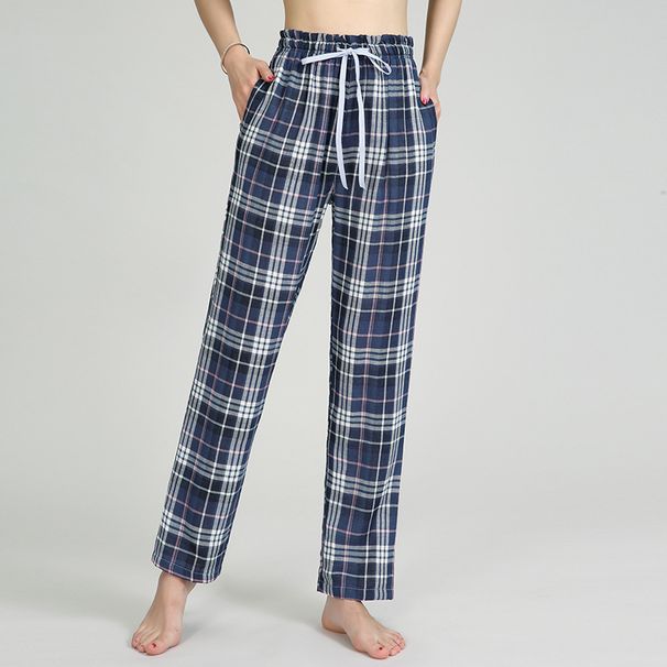Spring Autumn Women 100% Cotton Sleep Bottoms Female Plus Size Top Quality Night Lounge Trousers Women's Casual Plaid Home Pants_ecoleips.com