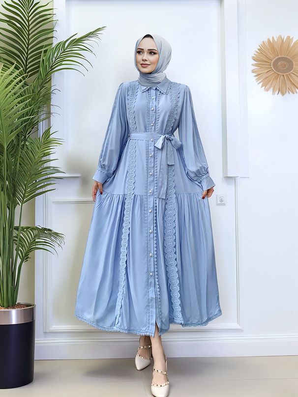Elegant Muslim Dress For Women – Modest Long Skirt With Lace Patchwork, Slim Waist Design, Turkey Fashion (White/Black/Apricot/Sky Blue/Caramel)_ecoleips.com